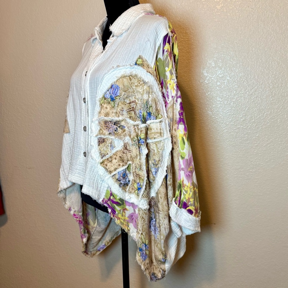 Pol Spliced Patchwork Mixed Media Button Up Boho … - image 5